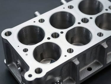 Close-up of a clean reconditioned cylinder head with brand new valves installed, crisp metallic reflections, 50mm lens