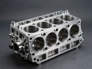 A clean, inspected engine block showing pristine cylinder walls with fresh honing marks, cool industrial lighting