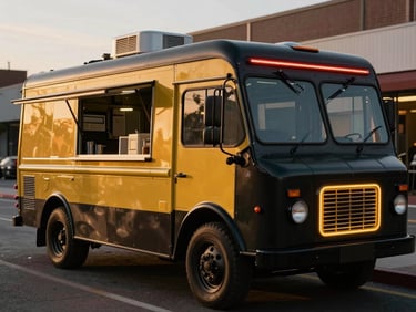 A beautifully restored vintage food truck painted matte black and golden yellow, parked on an urban street at sunset, cinematic lighting, 35mm