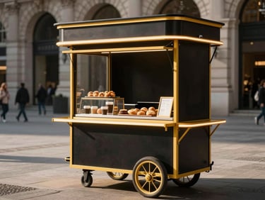 A compact, elegant street food cart with golden-yellow accents, serving coffee and pastries in a bustling plaza, warm afternoon light