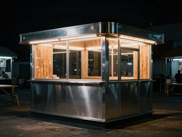 A modern metallic kiosk with clean lines and warm wooden panels, glowing under night market lights, high contrast