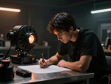 Cinematic workshop photography, dramatic workshop lighting, deep matte blacks with warm neon accents, a technician sketching plans on a steel table, 35mm