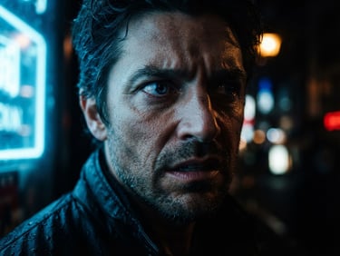 Extreme close-up of a tense face illuminated by neon blue and amber light, deep shadows, raw dramatic emotion, cinematic 9:16 vertical framing.