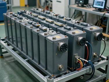 Angled close-up of a large-format industrial battery bank installation — rows of cells in metal racking, cable runs and monitoring leads visible, cool facility lighting, no people