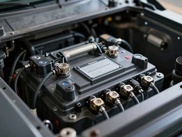 Close-angle shot of a commercial vehicle chassis battery compartment under cool workshop lighting, heavy cable terminals and monitoring connectors visible, no people, technical detail framing