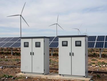 Eye-level shot of a distributed solar and wind energy installation in an open rural landscape — inverter cabinets and monitoring enclosures in the foreground, turbines and panels stretching into the background, overcast daylight