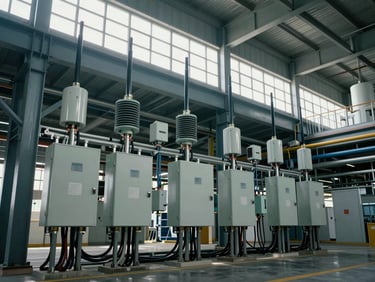 Wide shot of an industrial IoT installation — sensor nodes and junction boxes mounted on structural steel in a large facility, cable conduits running along beams, daylight from high windows, no people
