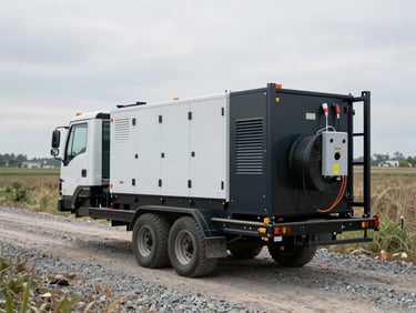 Angled field shot of mobile heavy equipment — a generator trailer and power distribution unit parked on a gravel site, cable reels and connection panels visible, overcast natural light, no people