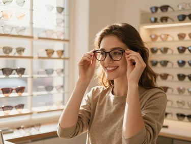 Young woman trying on stylish glasses in a brightly lit optician's office, smiling, warm lifestyle photography.