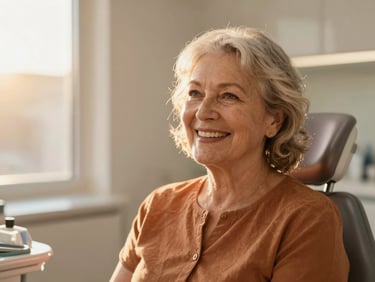 Happy senior woman smiling confidently during a dental check-up in a modern, sunlit clinic, warm lifestyle photography.