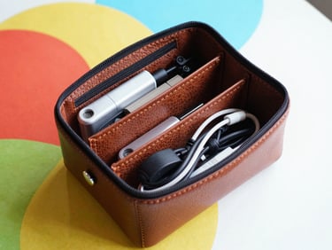 An elegant leather tech organizer pouch open on a table, revealing neatly arranged cables and accessories, sharp focus