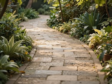 A winding stone path through a quiet, lush green garden with soft sunlight filtering through trees