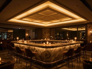Wide architectural angle of the empty, amber-lit lounge of Madhu Shala, showing the glowing geometric false ceiling and premium marble bar counter, moody editorial photography, warm amber candlelight, deep shadows, 35mm shallow depth of field.