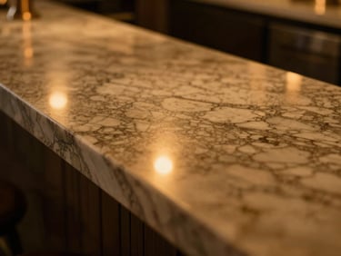 Close-up of the premium cold marble bar counter with soft amber reflections, 35mm shallow depth of field.