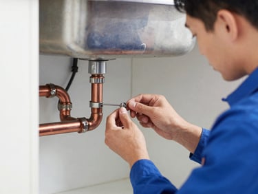 Close-up of a professional technician in a clean uniform repairing copper pipes under a kitchen sink, bright utility work lights.