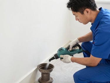 A professional plumber using a drain snaking machine to clear a main sewer line, bright clean basement setting.