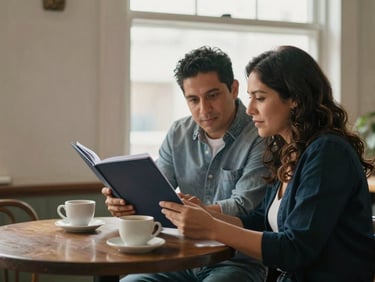 A Latino couple reviewing a savings folder together at a small dining table, soft afternoon window light, coffee cups nearby, natural and unposed