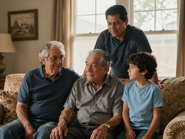 Three generations of a Latino family in a living room, grandparent seated, parent standing, child nearby, warm late-afternoon light through a window, candid and natural