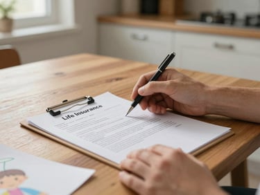 Close-up of a parent's hands holding a life insurance document on a wooden kitchen table, warm natural light from a side window, a child's drawing visible at the edge of the frame