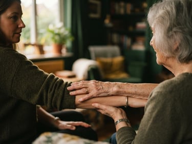 Warm editorial photography of a supportive hand gesture, an older adult's hand resting gently on a caregiver's arm, soft natural window light, deep forest green tones, shallow depth of field