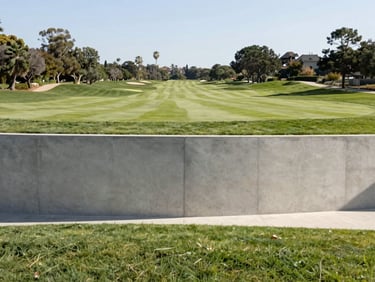 Modern minimalist concrete retaining wall on a hillside plot overlooking a pristine golf course, bright midday light.