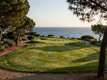 Elevated coastal land plot overlooking a golf green and the blue Mediterranean sea, framed by pine trees, golden hour light.