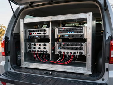 Wide shot of a custom amplifier rack mounted inside an open truck bed, daylight streaming through the tailgate, wiring looms neatly routed along the bed rails, fabricated steel enclosure panels visible