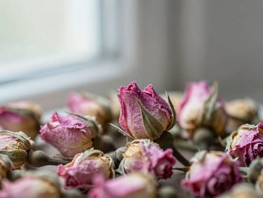 Macro close-up of dried pink rosebuds, soft diffused morning window light, muted pink and sage green tones, shallow depth of field, 35mm