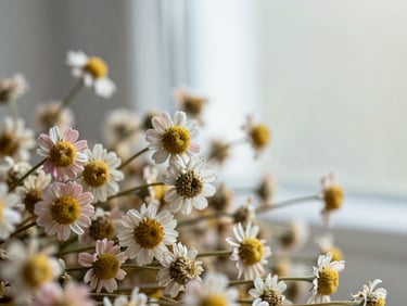 Macro close-up of dried chamomile flowers, soft diffused morning window light, muted pink and sage green tones, shallow depth of field, 35mm