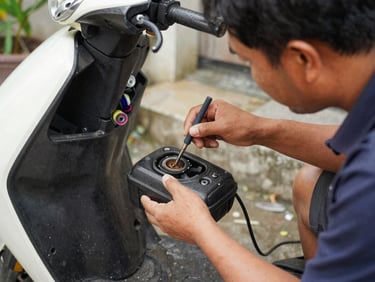 Teknisi sedang memeriksa baterai atau motor listrik skuter listrik yang terangkat, tangan memegang alat, di halaman rumah, pencahayaan alami, suasana otentik Indonesia.