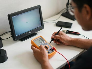 Teknisi sedang memeriksa sirkuit TV LCD yang terbuka di meja kerja, tangan memegang multimeter, pencahayaan alami dalam ruangan, fokus tajam pada tangan dan alat.