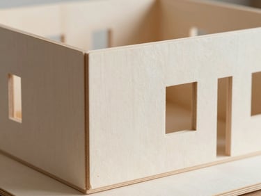 Close-up of a physical architectural model made of light birch wood and textured plaster.