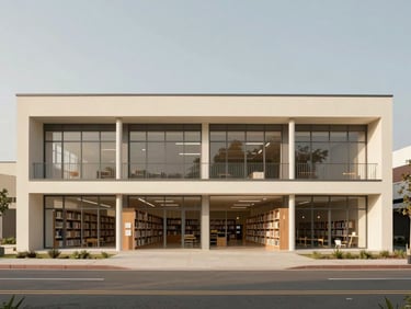 Architectural elevation drawing showing a clean, straight-on facade of a modern library.