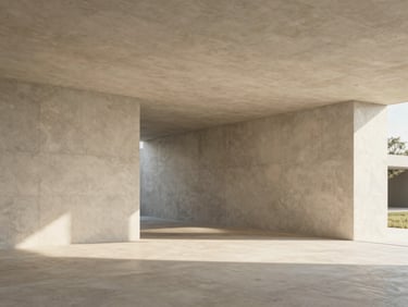 Architectural render of a concrete pavilion interior, soft natural daylight, muted beige tones.