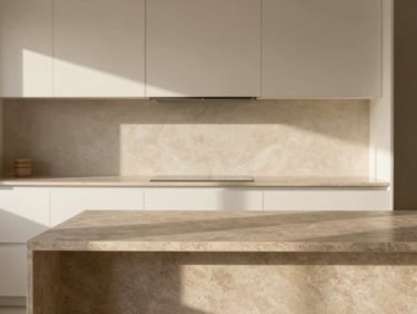 Warm afternoon shadows stretching across a minimalist kitchen island made of soft brown travertine.