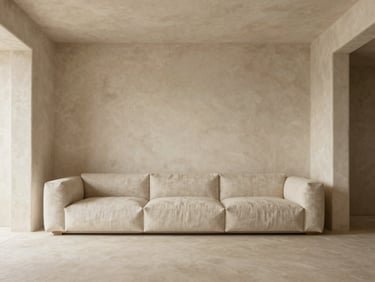 Architectural rendering of a minimalist residential lounge with textured plaster walls and neutral linen.