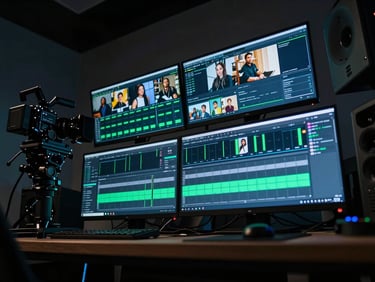Low-angle shot of a creative studio editing bay, high-end camera gear, glowing monitors showing social video timelines with neon green accents