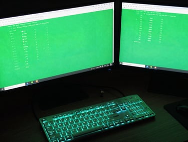 Overhead view of a clean technical workspace, glowing keyboard, dual monitors displaying search campaign analytics in electric green, dark studio lighting