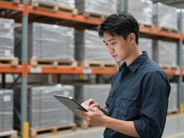 Medium shot of a professional logistics manager using an inventory tablet inside a bright, clean warehouse, background showing organized storage racks, cool grey and navy tones, sharp focus