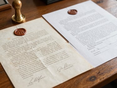 Ecuadorian inheritance documents and notarial papers spread on a wooden desk under natural daylight, wax seal visible, formal legal script, no people