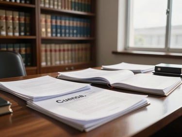 Wide shot of a working legal office interior in Cuenca, Ecuador — a desk with open case files and legal codes under natural window light, bookshelves of bound legal volumes in the background, warm daylight falling across the documents, no people visible