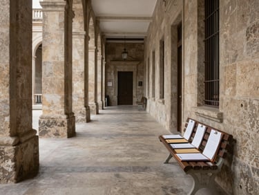 Wide shot of a Cuenca civic building corridor, stone columns and tiled floor, natural daylight from open doorway, legal folders on a bench, no people, austere and formal