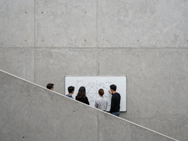 Candid shot of a small group analyzing a complex diagram on a whiteboard, unposed, diffused daylight.