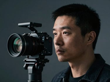 Close-up portrait of a professional director of photography looking off-camera, moody studio lighting, anamorphic lens, shallow depth of field
