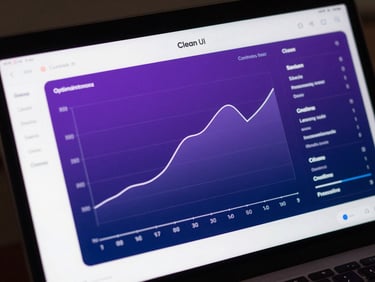 Clean UI dashboard mockup showing real-time optimization curves and performance metrics in violet and deep blue