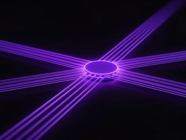 Abstract vector diagram showing secure data streams merging into a central hub, neon indigo lines on black background