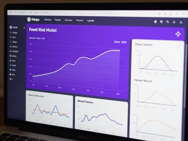 Clean UI dashboard visualization showing complex risk model metrics, asset allocation curves, and mathematical charts in high-contrast violet.