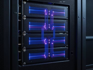 Macro close-up of a high-density enterprise server rack, dark obsidian panels with precise, thin-stroke indigo and violet glowing vector network overlays mapping data paths, low-key moody studio lighting.