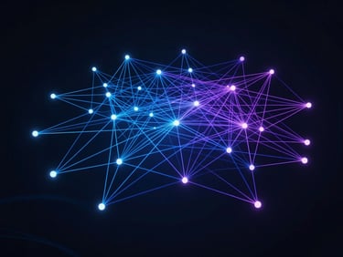 Abstract ultra-wide vector diagram of optimized network routing paths, thin blue and purple lines connecting glowing nodes on a deep obsidian background.