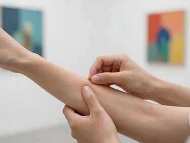 Close-up of hands working on a client's arm, subtle energy flow, soft natural daylight, minimalist setting, focus on connection.